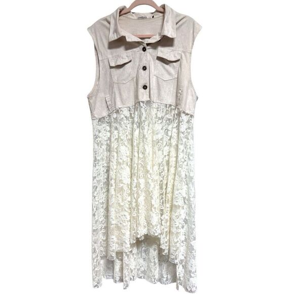 ORIGAMI Ivory White BOHO Western Sleeveless Cardigan Duster Suede & Lace Vest 2X - Picture 7 of 15